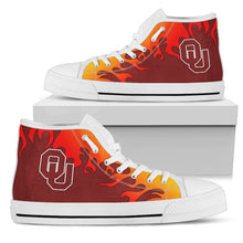 Load image into Gallery viewer, Fire Burning Fierce Strong Logo Oklahoma Sooners High Top Shoes