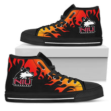 Load image into Gallery viewer, Fire Burning Fierce Strong Logo Northern Illinois Huskies High Top Shoes